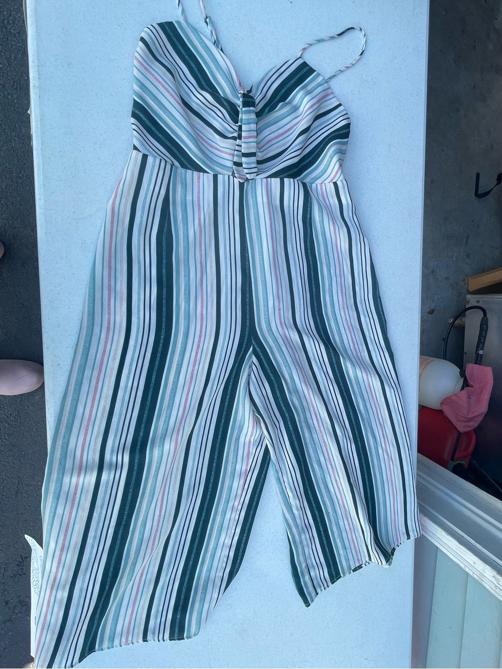 Xhilaration Green, White & Pink Striped Smocked Spaghetti Strap Jumpsuit